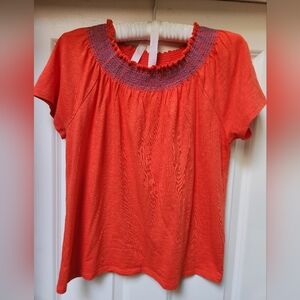 J Crew Factory Women's Orange-Red Smocked Top with Blue Accents